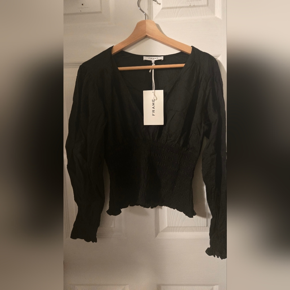 Frame Black Smocked Waist V-Neck Peasant Peplum Blouse